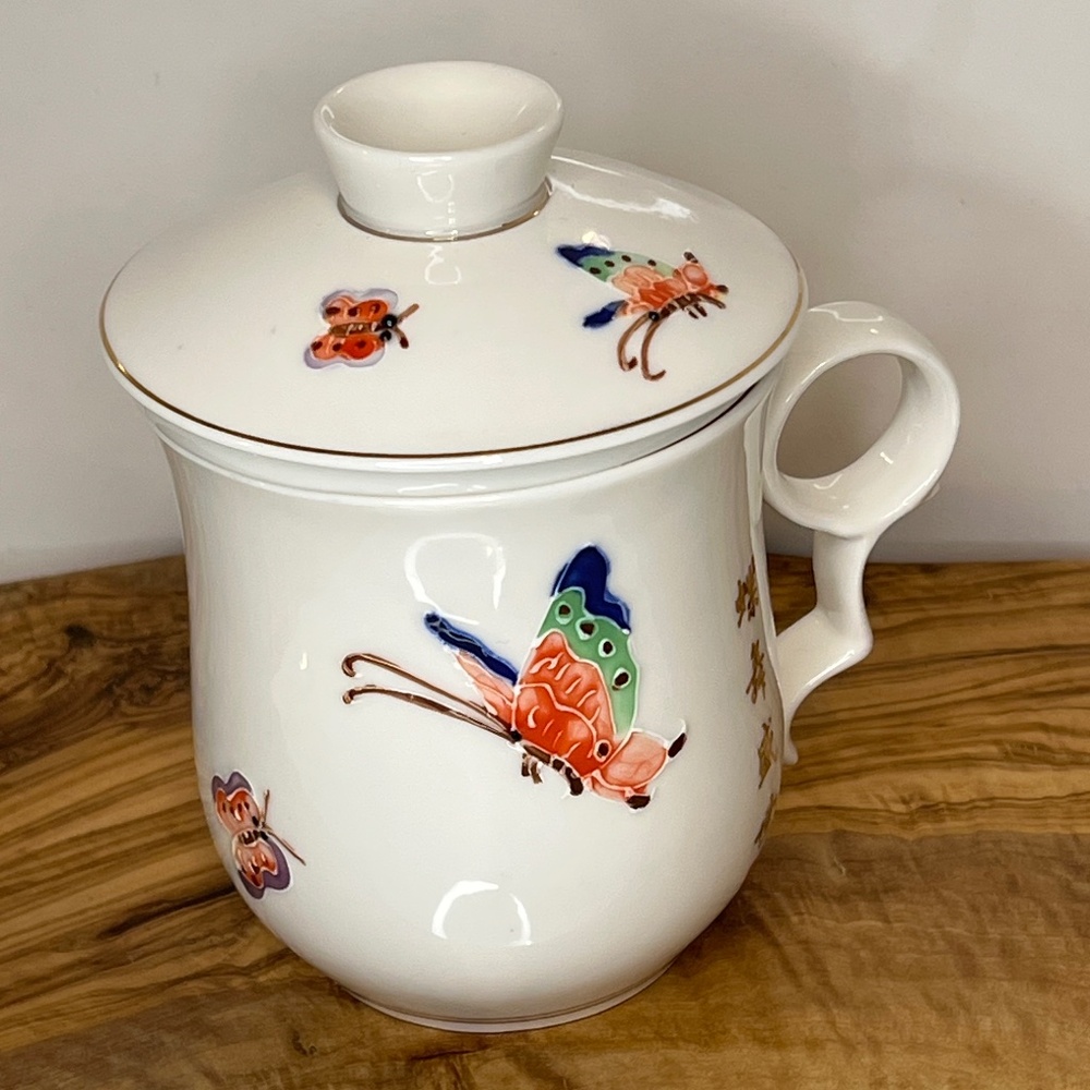 Teavana Mug Porcelain Tea Cup Infuser 3 pc Enchanted Butterflies EUC